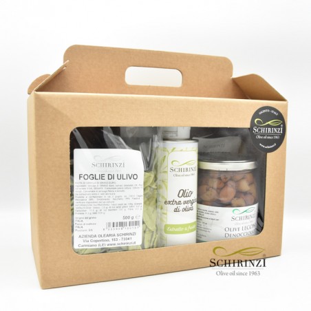 Large brown smooth cardboard briefcases with extra virgin olive oil and typical Salento products